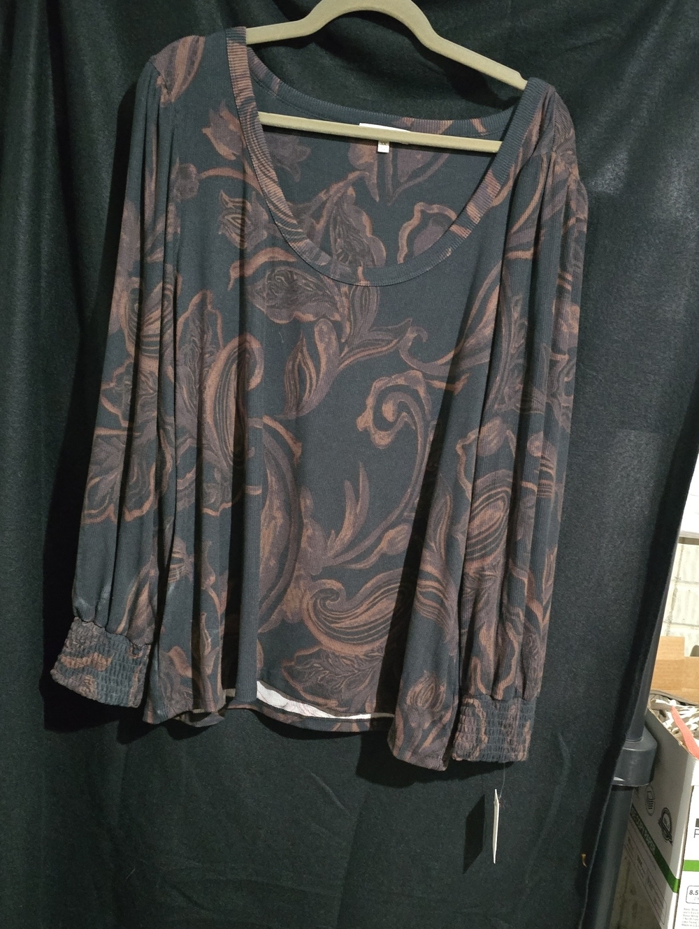 Angels Dark Gray Long Sleeve Top with Brown Floral Swirl